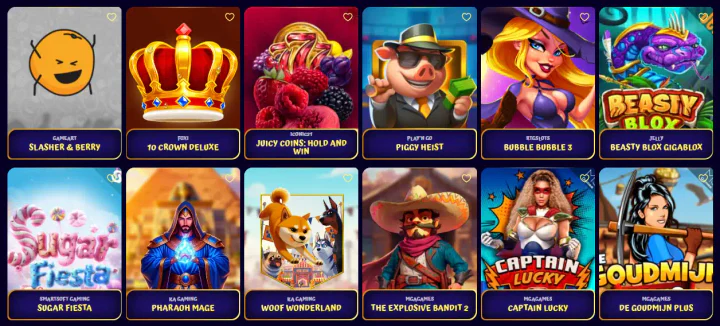 Catalogus van gokkasten bij Spingranny, met onder meer Diamond Strike, Gates of Olympus 2500, Burning Chilli X en andere spellen