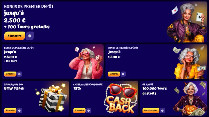 Promotionele aanbiedingen van Spingranny, waaronder stortingsbonussen, gratis spins, wekelijkse cashback en beloningen
